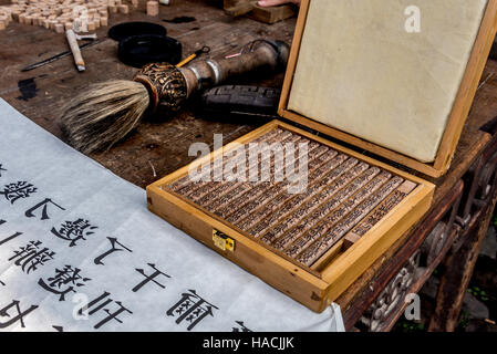 Box mit handgeschnitzten hölzernen Movable Type chinesische Schriftzeichen verwendet, um eine Familie Genealogie Dongyuan Village, Ruian, China zu drucken. Stockfoto