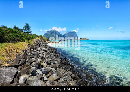 Blick auf die Lagune, Mt Gower und Mt Lidgbird, Lord-Howe-Insel, New-South.Wales, NSW, Australien Stockfoto