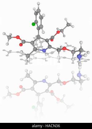 Amlodipin. Molekulares Modell des Kalzium-Kanal-Blocker Droge Amlodipin (C20. H25. Cl.N2.O5), verwendet, um zu behandeln Bluthochdruck, Angina pectoris und koronare Herzkrankheit. Atome als Kugeln dargestellt werden und sind farblich gekennzeichnet: Kohlenstoff (grau), Wasserstoff (weiß), Chlor (grün), Stickstoff (blau) und Sauerstoff (rot). Abbildung. Stockfoto