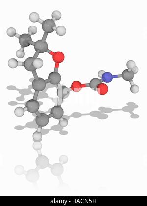 Carbofuran. Molekülmodell Carbamat Pestizid Carbofuran (C12. H15. N.O3). Als Furadan und Curater vermarktet, ist dies eines der giftigsten Pestizide verwendet, um Insekten auf Nutzpflanzen zu kontrollieren. Atome als Kugeln dargestellt werden und sind farblich gekennzeichnet: Kohlenstoff (grau), Wasserstoff (weiß), Stickstoff (blau) und Sauerstoff (rot). Abbildung. Stockfoto