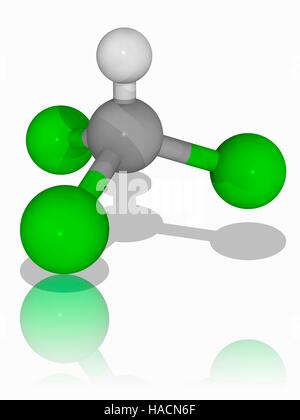 Chloroform. Molekülmodell von chlororganischen Verbindungen Chloroform (CHCl3). Weit verbreitet in der chemischen Industrie, war diese Chemikalie einst eine weit verbreitete Betäubung. Es wird bei der Herstellung von Polytetrafluorethylen (Teflon) und Kältemittel verwendet. Atome als Kugeln dargestellt werden und sind farblich gekennzeichnet: Kohlenstoff (grau), Wasserstoff (weiß) und Chlor (grün). Abbildung. Stockfoto