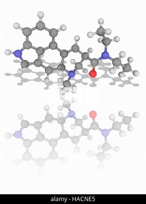 LSD Droge. Molekülmodell Lysergic Acid Diethylamide (C20. H25. N3. (O), auch bekannt als Lysergid und mehr gemeinhin als LSD. Diese psychedelische Droge hat psychologische Effekte, die gehören veränderte Denkprozesse, Halluzinationen, Synästhesie, ein verändertes Zeitgefühl, und spirituelle Erfahrungen. Atome als Kugeln dargestellt werden und sind farblich gekennzeichnet: Kohlenstoff (grau), Wasserstoff (weiß), Stickstoff (blau) und Sauerstoff (rot). Abbildung. Stockfoto