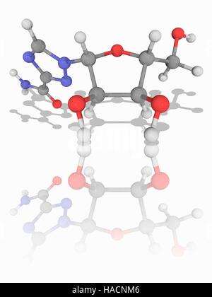 Ribavirin. Molekülmodell antivirale Medikament Ribavirin (C8. H12. N4. O5), ein Nukleosid-Inhibitor zur Behandlung von menschlichen respiratory syncytial (RSV) Virusinfektionen, Hepatitis C und anderen Virusinfektionen. Atome als Kugeln dargestellt werden und sind farblich gekennzeichnet: Kohlenstoff (grau), Wasserstoff (weiß), Stickstoff (blau) und Sauerstoff (rot). Abbildung. Stockfoto