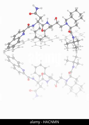 Saquinavir. Molekulares Modell des Anti-retroviral Drogen Saquinavir (C38. H50. N6. O5), eine Protease-Hemmer zur Behandlung von HIV (Human Immunodeficiency Virus). Atome als Kugeln dargestellt werden und sind farblich gekennzeichnet: Kohlenstoff (grau), Wasserstoff (weiß), Stickstoff (blau) und Sauerstoff (rot). Abbildung. Stockfoto