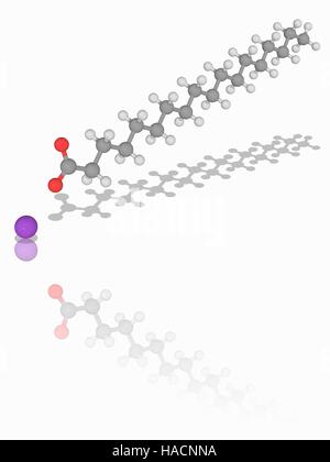 Natrium Stearat. Molekulares Modell des organischen Verbindung Natrium Stearat (C18. H35. Na.O2), ein wichtiger Bestandteil der Seife. Diese Chemikalie wird in vielen Arten von festen Deodorants, Beläge, Latexfarben und Tinten gefunden. Atome als Kugeln dargestellt werden und sind farblich gekennzeichnet: Kohlenstoff (grau), Wasserstoff (weiß), Sauerstoff (rot) und Natrium (violett). Abbildung. Stockfoto