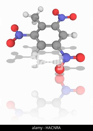 TNT. Molekülmodell der organischen Verbindung und explosive Trinitrotoluol (TNT, C7. H5. N3. O6). Dies ist eines der am häufigsten verwendete Sprengstoff. Atome als Kugeln dargestellt werden und sind farblich gekennzeichnet: Kohlenstoff (grau), Wasserstoff (weiß), Stickstoff (blau) und Sauerstoff (rot). Abbildung. Stockfoto