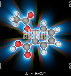 Aspirin. Molekulares Modell des Medikament Aspirin, auch bekannt als Acetylsalicylsäure (C9. H8. O4). Dieses Medikament wird verwendet, als Analgetikum (Schmerzmittel), eine Anti-pyretic (Fieber Abschwächer) und entzündungshemmend. Es kann auch verringern, Blutgerinnung und dient zur Behandlung von Herzinfarkt-Patienten und gefährdeten Personen an einem Schlaganfall. Atome als Kugeln dargestellt werden und sind farblich gekennzeichnet: Kohlenstoff (grau), Wasserstoff (weiß) und Sauerstoff (rot). Abbildung. Stockfoto