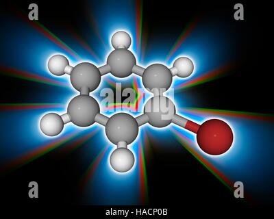 Bromobenzene. Molekulares Modell des Aryl Halide Bromobenzene (C6.H5.Br). Diese Chemikalie wird in der organischen Synthese verwendet, um andere Moleküle über eine Phenyl-Gruppe vorzustellen Palladium-katalysierte Kupplung Reaktionen. Atome als Kugeln dargestellt werden und sind farblich gekennzeichnet: Kohlenstoff (grau), Wasserstoff (weiß) und Brom (rot-braun). Abbildung. Stockfoto