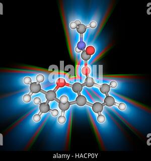 Carbofuran. Molekülmodell Carbamat Pestizid Carbofuran (C12. H15. N.O3). Als Furadan und Curater vermarktet, ist dies eines der giftigsten Pestizide verwendet, um Insekten auf Nutzpflanzen zu kontrollieren. Atome als Kugeln dargestellt werden und sind farblich gekennzeichnet: Kohlenstoff (grau), Wasserstoff (weiß), Stickstoff (blau) und Sauerstoff (rot). Abbildung. Stockfoto