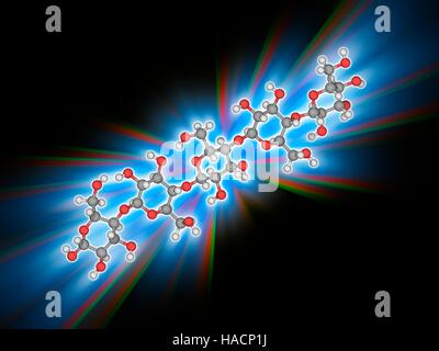 Zellulose-Strang. Molekulares Modell der fünf Basiseinheiten der Polysaccharid Cellulose. Die Basiseinheit hat die Summenformel: C6. H10. O5. Dieser biologische Polymerwerkstoff besteht aus einer linearen Kette von diesen D-Glucose-Einheiten. Es ist die strukturelle Schlüsselkomponente der Zellwand von Grünpflanzen. Atome als Kugeln dargestellt werden und sind farblich gekennzeichnet: Kohlenstoff (grau), Wasserstoff (weiß) und Sauerstoff (rot). Abbildung. Stockfoto