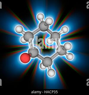 Cyclohexanon. Molekulares Modell des organischen Verbindung Cyclohexanon (C6. H10. (O). Dies ist ein farbloses Oithat ist ein Vorläufer in der chemischen Industrie bei der Herstellung von Nylon. Atome als Kugeln dargestellt werden und sind farblich gekennzeichnet: Kohlenstoff (grau), Wasserstoff (weiß) und Sauerstoff (rot). Abbildung. Stockfoto