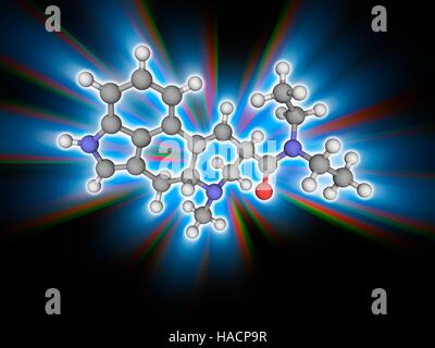 LSD Droge. Molekülmodell Lysergic Acid Diethylamide (C20. H25. N3. (O), auch bekannt als Lysergid und mehr gemeinhin als LSD. Diese psychedelische Droge hat psychologische Effekte, die gehören veränderte Denkprozesse, Halluzinationen, Synästhesie, ein verändertes Zeitgefühl, und spirituelle Erfahrungen. Atome als Kugeln dargestellt werden und sind farblich gekennzeichnet: Kohlenstoff (grau), Wasserstoff (weiß), Stickstoff (blau) und Sauerstoff (rot). Abbildung. Stockfoto
