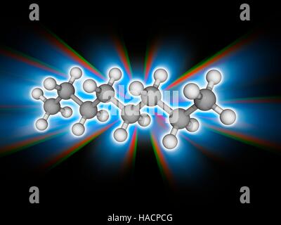 Oktan. Molekülmodell von Kohlenwasserstoff und Alkan flüssige Oktan (C8. H18), eine entzündliche Komponente von Erdöl. Atome als Kugeln dargestellt werden und sind farblich gekennzeichnet: Kohlenstoff (grau) und Wasserstoff (weiß). Abbildung. Stockfoto
