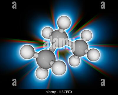 Propan. Molekulares Modell des Alkans und Kohlenwasserstoff Propan (C3. H8). Diese organische Verbindung ist ein Nebenprodukt der Erdgasverarbeitung und Erdölraffinerien. Es wird häufig als Brennstoff verwendet. Atome als Kugeln dargestellt werden und sind farblich gekennzeichnet: Kohlenstoff (grau) und Wasserstoff (weiß). Abbildung. Stockfoto