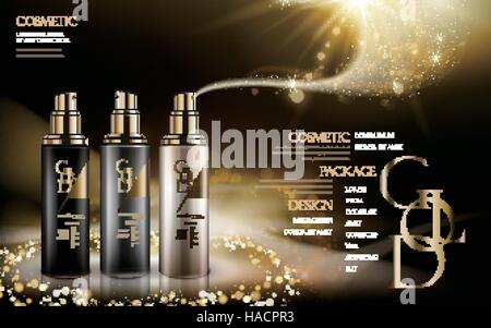 kosmetisches Caontained in drei verschiedenen Farben von Flaschen, mit Logo und goldene Pulver, schwarzer Hintergrund, 3d illustration Stock Vektor