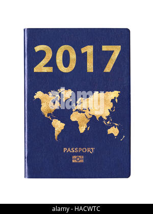 Reisepass-2017 mit einer Weltkarte auf dem Cover, Konzept Stockfoto