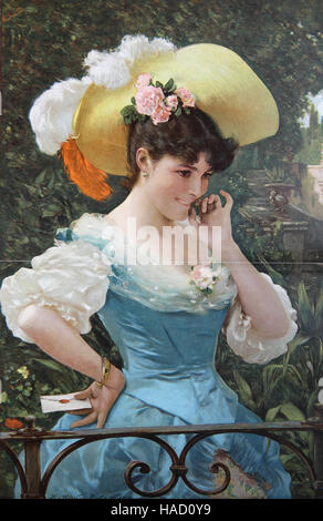 Schicke junge Dame im Garten, mit einem geheimen Brief in der Hand von F. Andreotti, Illustration veröffentlicht 1880 Stockfoto