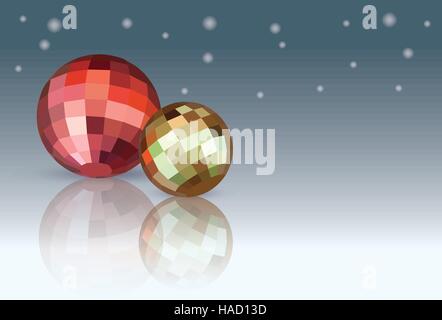 Rote und gelbe Weihnachtskugeln auf weißem Hintergrund schneit blau Abstufung. Geometrische polygonalen Vektor-Illustration. Stock Vektor