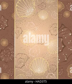 Design mit kunstvoll bemalte Beige Muscheln und Sand. Stock Vektor