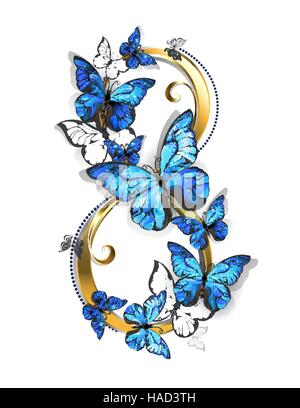 Achter von Gold, verziert mit realistischen blaue Schmetterlinge Morpho auf weißem Hintergrund. Design mit Schmetterlingen. Morpho. Design mit blauen butter Stock Vektor