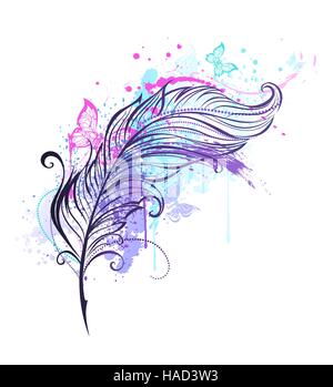 Kontur-Feder mit Tropfen von hellen Farben und bunte fliegende Schmetterlinge. Tattoo-Stil Stock Vektor