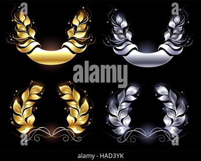 Lorbeerkranz besteht aus glänzendem Silber und Gold auf schwarzem Hintergrund. Stock Vektor