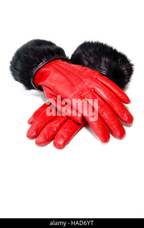 Rote Winter Lederhandschuhe mit Echtpelz für Frauen Stockfoto