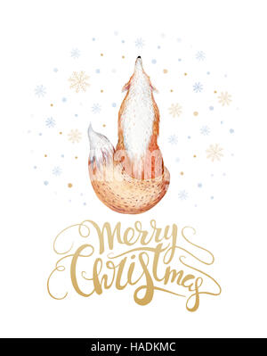 Frohe Weihnachten-Aquarell-Schriftzug mit Aquarell Spaß fox. Stockfoto
