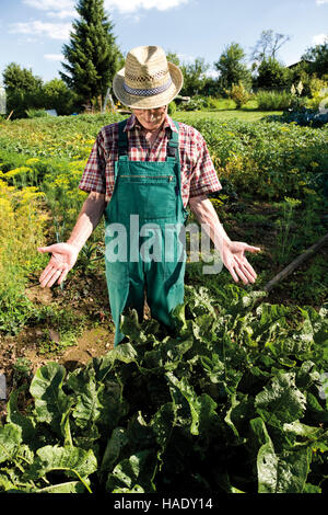 Stolz Gärtner vor seinem Gemüsegarten Stockfoto