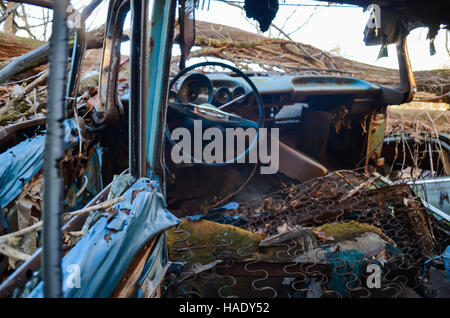 Verlassene Autowrack mitten im Wald Stockfoto