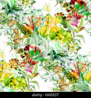 Aquarell von Blatt und Blumen, nahtlose Muster auf weißem Hintergrund Stockfoto