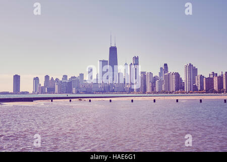 Retro-getönten Foto von Chicago downtown Skyline der Stadt, USA. Stockfoto