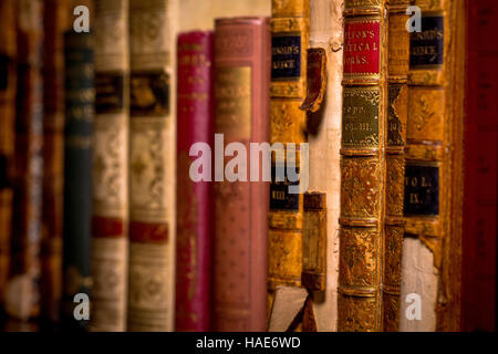 Reihe der alten zerschlissenen Bücher auf einem Regal Stockfoto