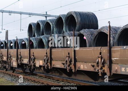 Reihe von Zug Güterwagen mit Rollen aus Stahldraht Stockfoto