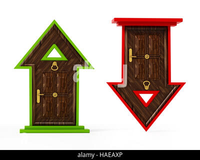 Steigende und fallende Pfeil geformt verschlossenen Türen. 3D Illustration. Stockfoto