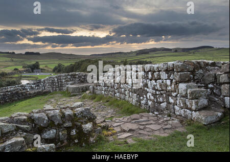 Milecastle 42 bei Dämmerung, Cawfield, Hadrianswall, Northumberland, England - Blick nach Westen Stockfoto