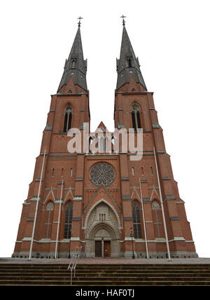 Uppsala Kathedrale Haupteingang mit den beeindruckenden 118,7 Meter hohen Türmen, isoliert auf weißem Hintergrund. Das größte Kirchengebäude in Skandinavien. Stockfoto