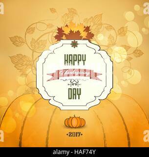Thanksgiving Day Orange Hintergrund mit Maple Leafs, Reifen Kürbis und Text Stock Vektor