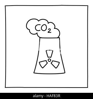 Doodle Kernkraftwerk Kühlung Turm Symbol. Schwarz / weiß-Symbol mit Rahmen. Linie Art Stil Grafik-Design-Element. Industrielle Rauch aus dem Schornstein Stock Vektor
