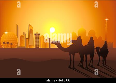 Drei Kamel Fahrer bei Sonnenuntergang in der Wüste auf der Abu-Dhabi Hintergrund Vektor-illustration Stock Vektor