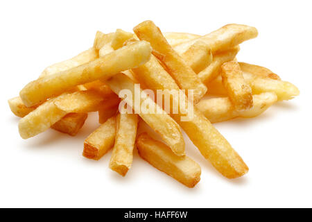 Ein Haufen von leckeren Pommes Frites auf einem weißen Hintergrund. Stockfoto