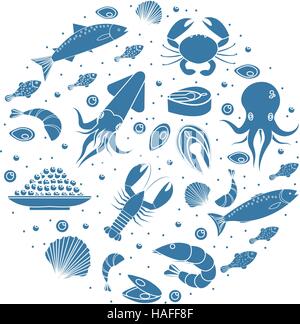 Meeresfrüchte-Symbole gesetzt in runder Form, Silhouette. Sea Food Kollektion isoliert auf weißem Hintergrund. Fischprodukte, marine Mahlzeit Gestaltungselement. Vektor-Illustration. Stock Vektor