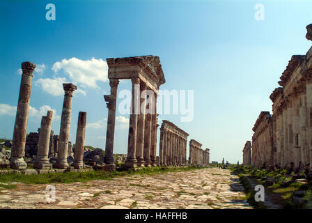 Der große Kolonnade, gebaut von den Römern im 2. Jahrhundert n. Chr. in der alten Stadt von Apameia in der Nähe von Hama in Syrien. Stockfoto