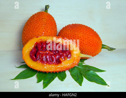 GAC Obst auf Holz (auch genannt als Baby Jackfrucht, stacheligen Bitter Gac, Bittermelone, Sweet Ground, rote Melone, Cochinchin Goud, Momordica Cochinchinensis, Stockfoto