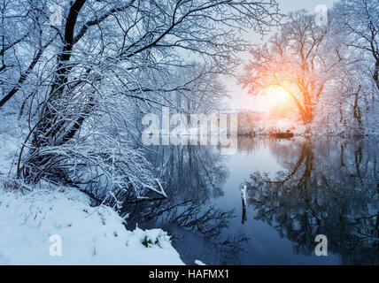 Schönen Winter im Wald am Fluss bei Sonnenuntergang. Winterlandschaft. Verschneite Äste an Bäumen, schönen Fluss mit Spiegelbild im Wasser, Sonne und blau s Stockfoto