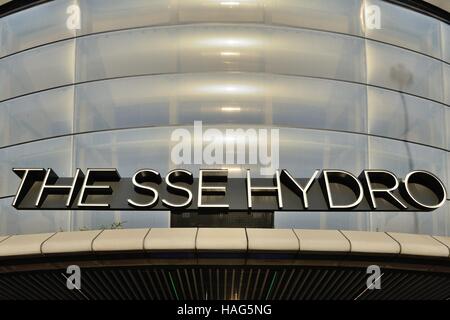 Vor dem Eingang Zeichen der SSE Hydro in Glasgow, Schottland, Großbritannien. Stockfoto