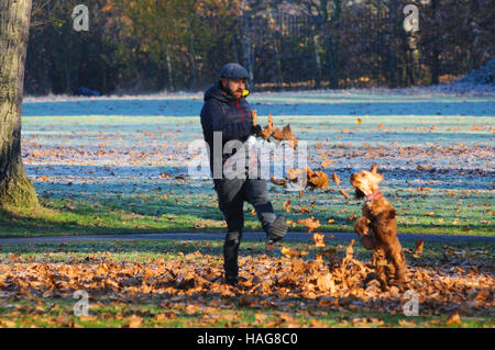 Wandsworth Common, London, UK. 30. November 2016. Verlässt der Mann treten für seinen Hund zu jagen. Hellen frostigen Morgen wie London Temperaturen unter dem Gefrierpunkt in der Nacht. Bildnachweis: JOHNNY ARMSTEAD/Alamy Live-Nachrichten Stockfoto