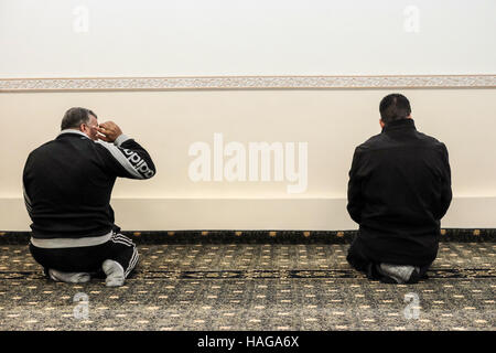 Jerusalem, Israel. 30. November 2016. Muslimische Männer beten in der Al-Rahman-Moschee im Dorf Bet Safafa. Die israelische Regierung vorgeschlagene Gesetzgebung Verbot von religiösen Institutionen hindern, Outdoor-Lautsprecher, genannt die "Muazzin Bill", wie in der muslimischen Aufruf zum Gebet die 5 Mal am Tag auftritt. Die Rechnung, beschriftet eine Bedrohung für die muslimischen Gemeinden und einen Umzug von der israelischen Regierung zum Herunterfahren Moscheen, soll eine vorläufige Abstimmung kommen. Bildnachweis: Nir Alon/Alamy Live-Nachrichten Stockfoto