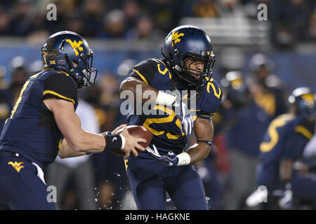 Morgantown, West Virginia, USA. 19. November 2016. West Virginia Mountaineers Runningback JUSTIN CRAWFORD #25 und West Virginia Mountaineers Quarterback SKYLER HOWARD #3 durchführen ein Spiel Aktion Fake während ein Spiel gespielt in Mountaineer Field in Morgantown, WV. Oklahoma schlagen WVU 56-28. © Ken Inness/ZUMA Draht/Alamy Live-Nachrichten Stockfoto