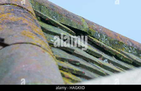 Fehlende Ziegel auf dem Dach eines Hauses nach einer windigen Nacht. Stockfoto